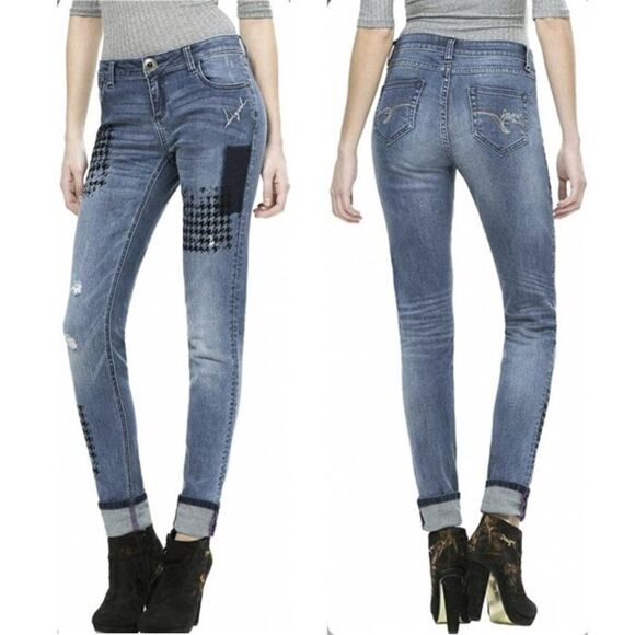 Desigual Women's DINA 67D26D1 Denim Skinny Jeans Flocked Blue Size 27 - Picture 1 of 12